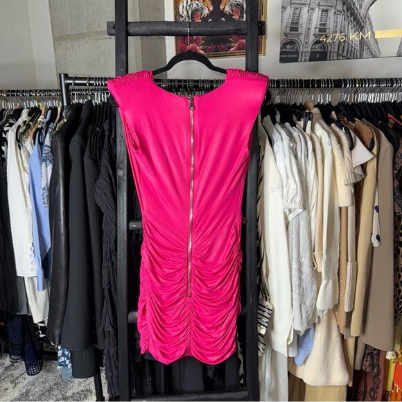 Balmain Fuchsia Ruched Mini Dress Metallic Shine V-Neck Pointed Shoulder - Picture 9 of 16